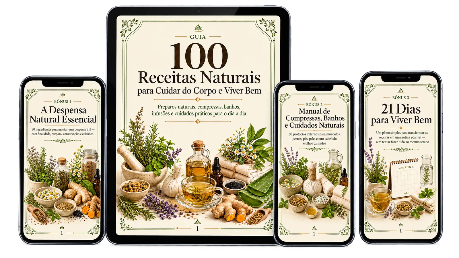 Guia 100 Receitas Naturais aberto no celular e no notebook